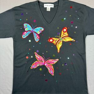 Victoria Harbour Vintage Butterfly Sequin Beaded V-Neck T-Shirt Black Womens M